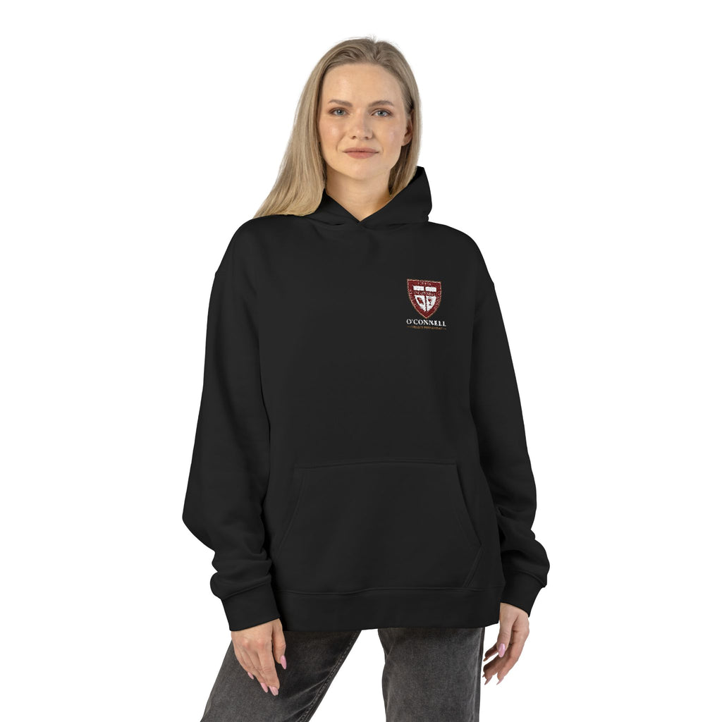 Relaxed Hoodie with Crimson Shield Crest — Casual College-Style Pullover