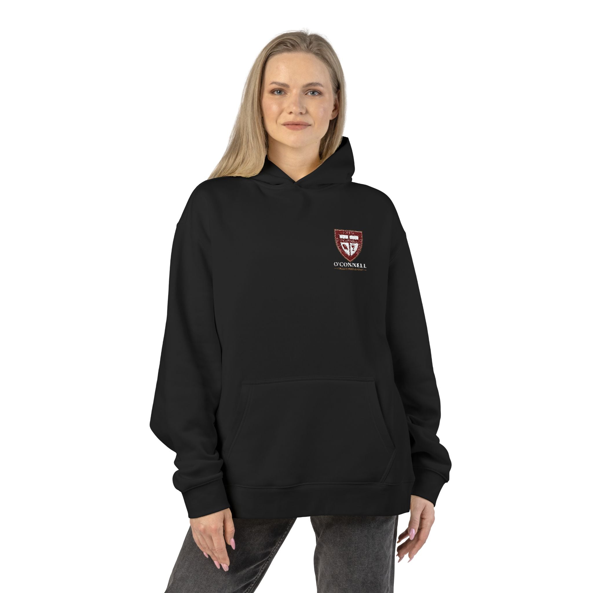 Relaxed Hoodie with Crimson Shield Crest — Casual College-Style Pullover