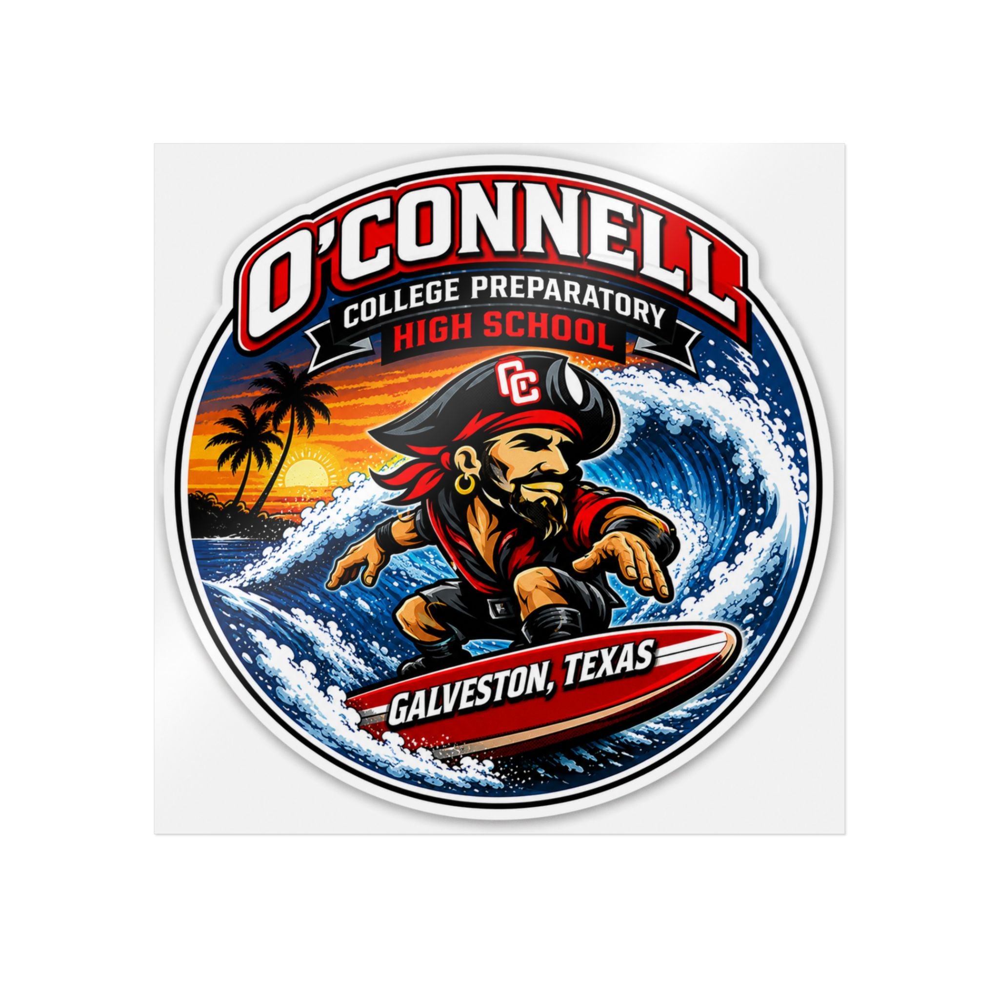 O'Connell Pirates Surfing Mascot Die-Cut Sticker