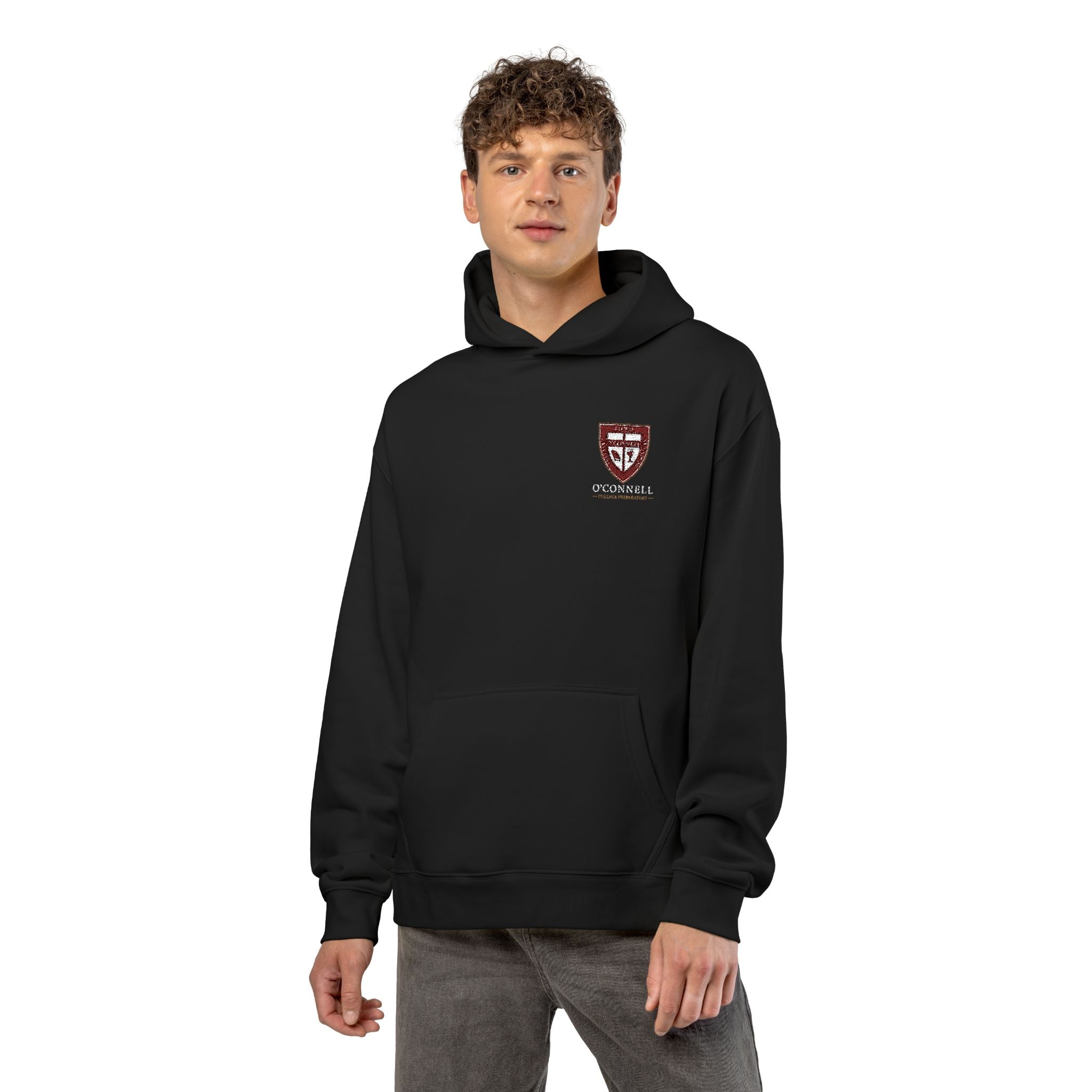 Relaxed Hoodie with Crimson Shield Crest — Casual College-Style Pullover
