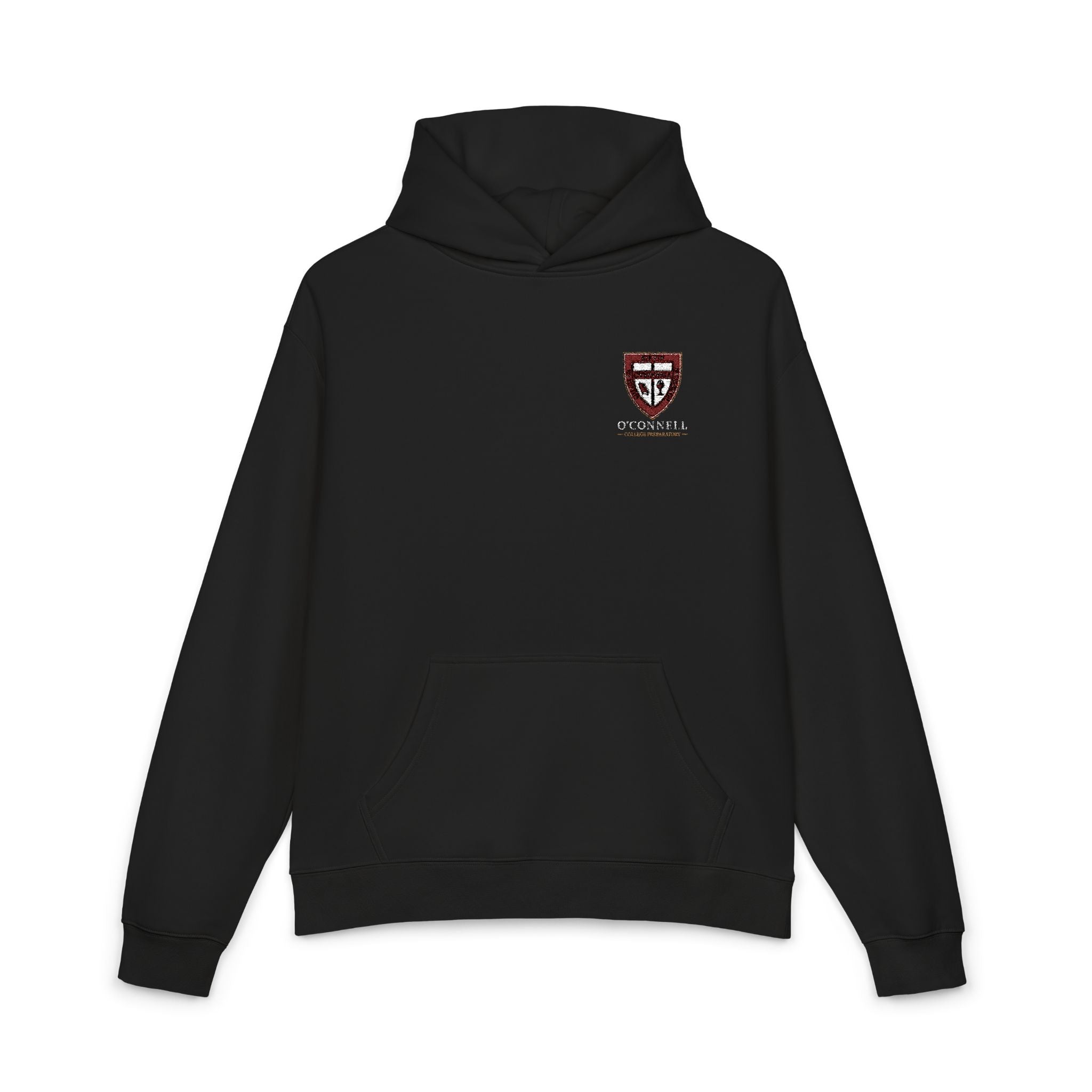 Relaxed Hoodie with Crimson Shield Crest — Casual College-Style Pullover