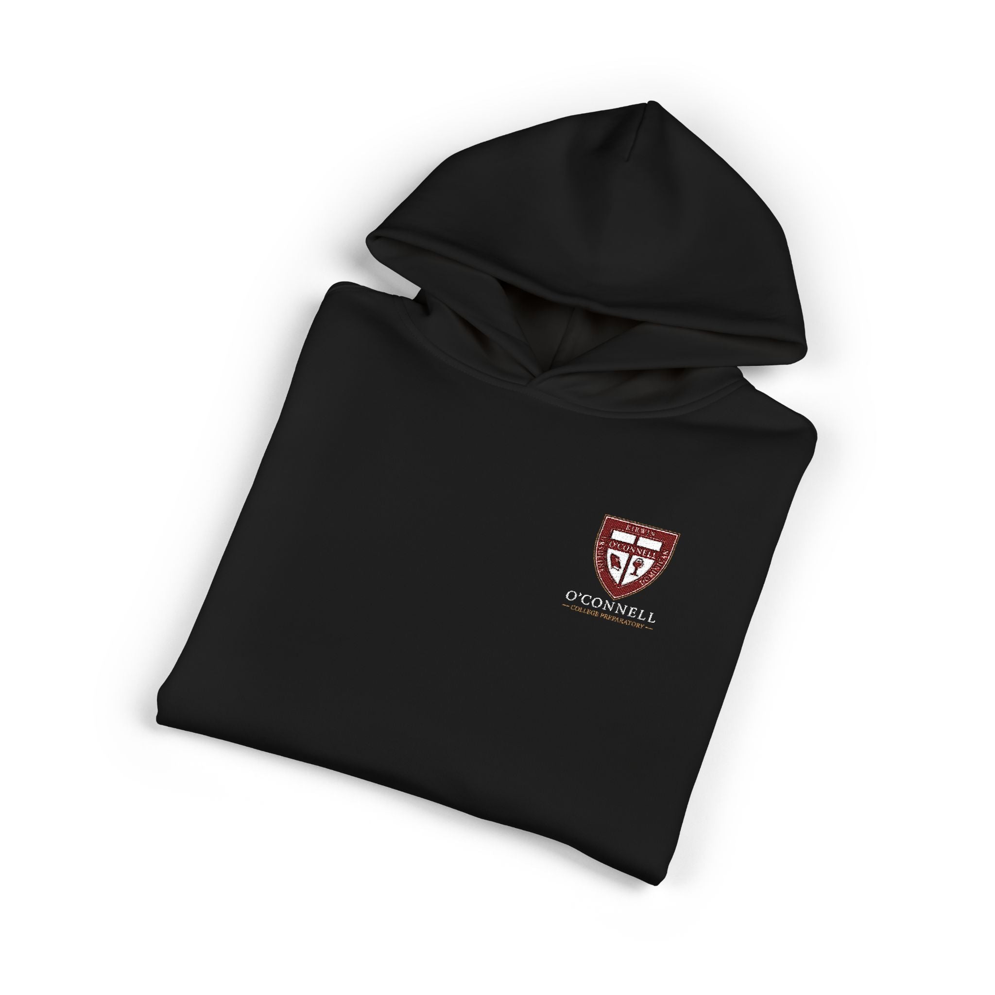 Relaxed Hoodie with Crimson Shield Crest — Casual College-Style Pullover