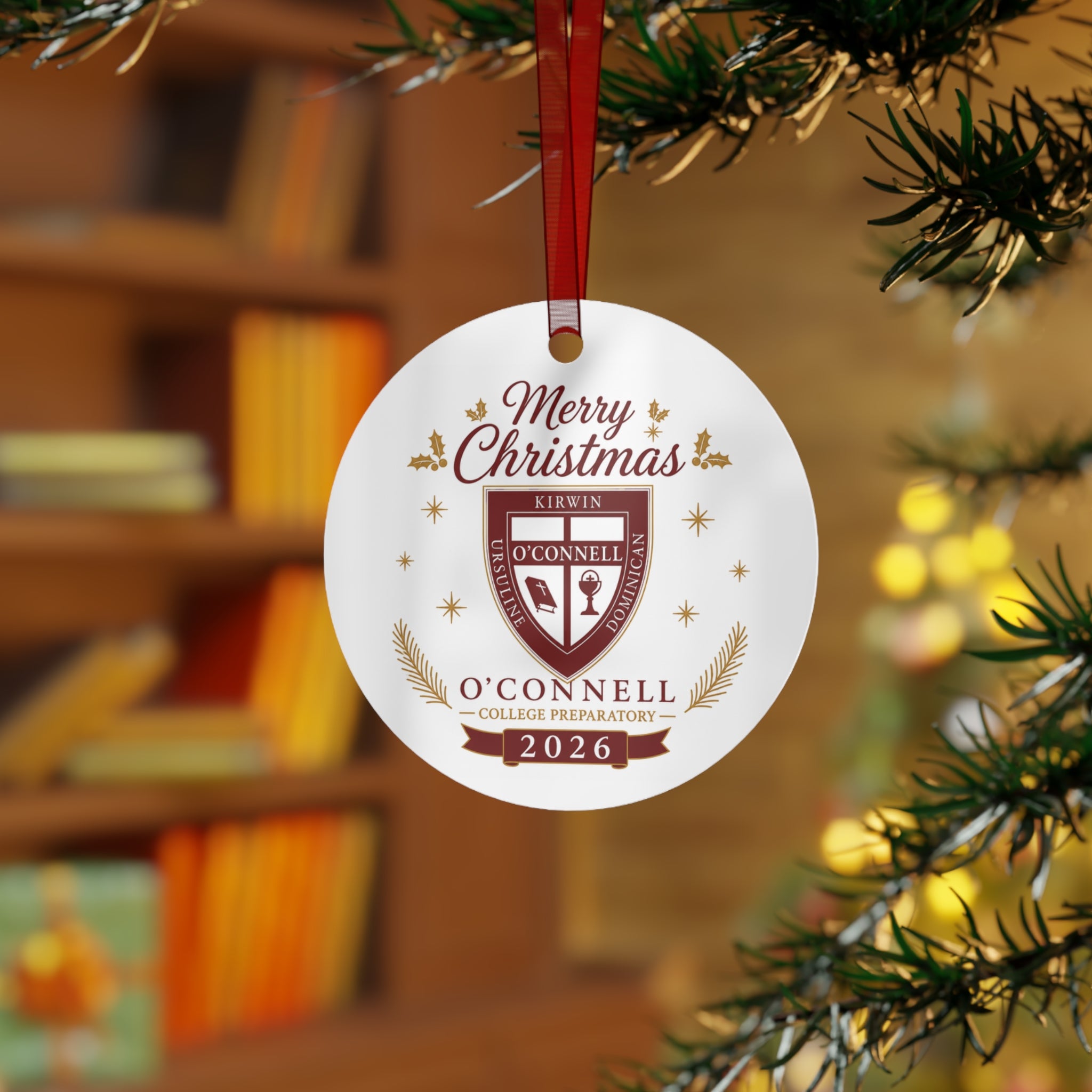 College Crest Metal Ornament - 'Merry Christmas' O'Connell Prep 2026 Holiday Keepsake