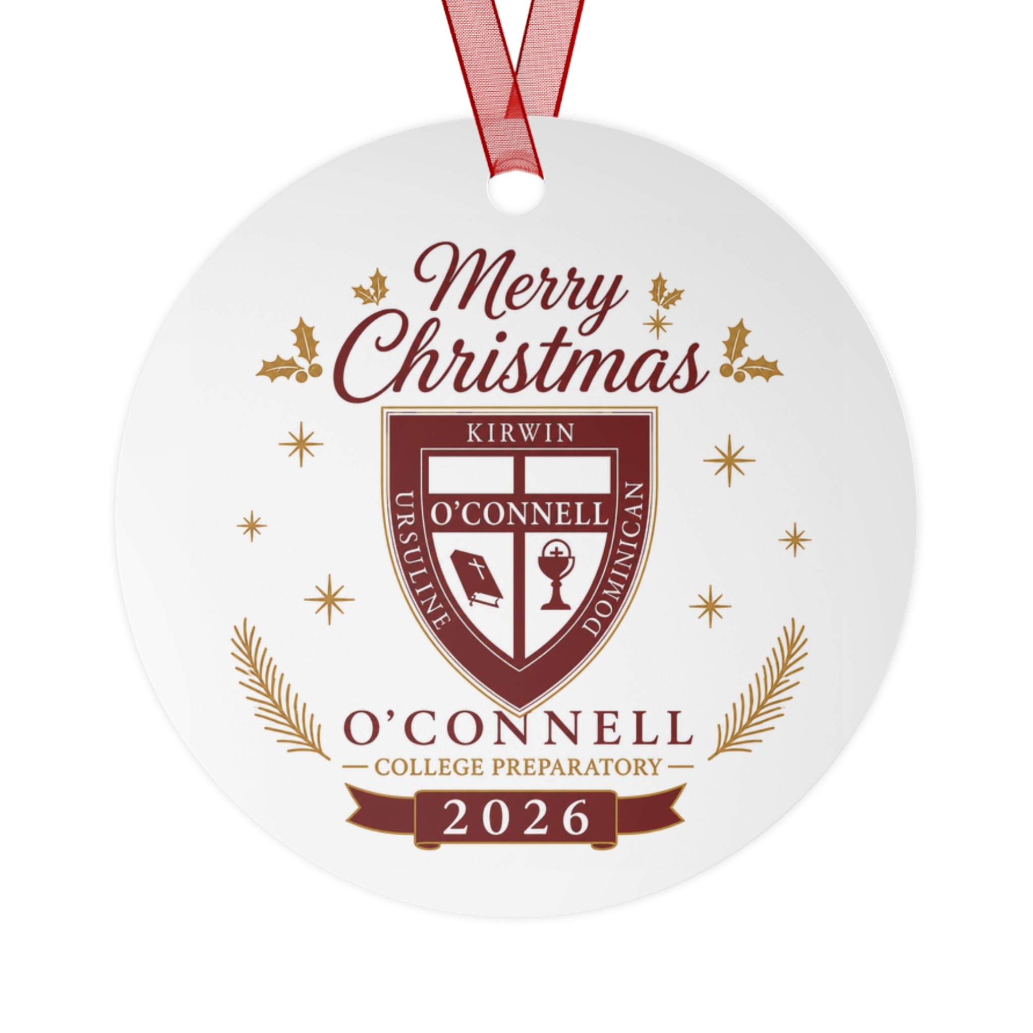 College Crest Metal Ornament - 'Merry Christmas' O'Connell Prep 2026 Holiday Keepsake
